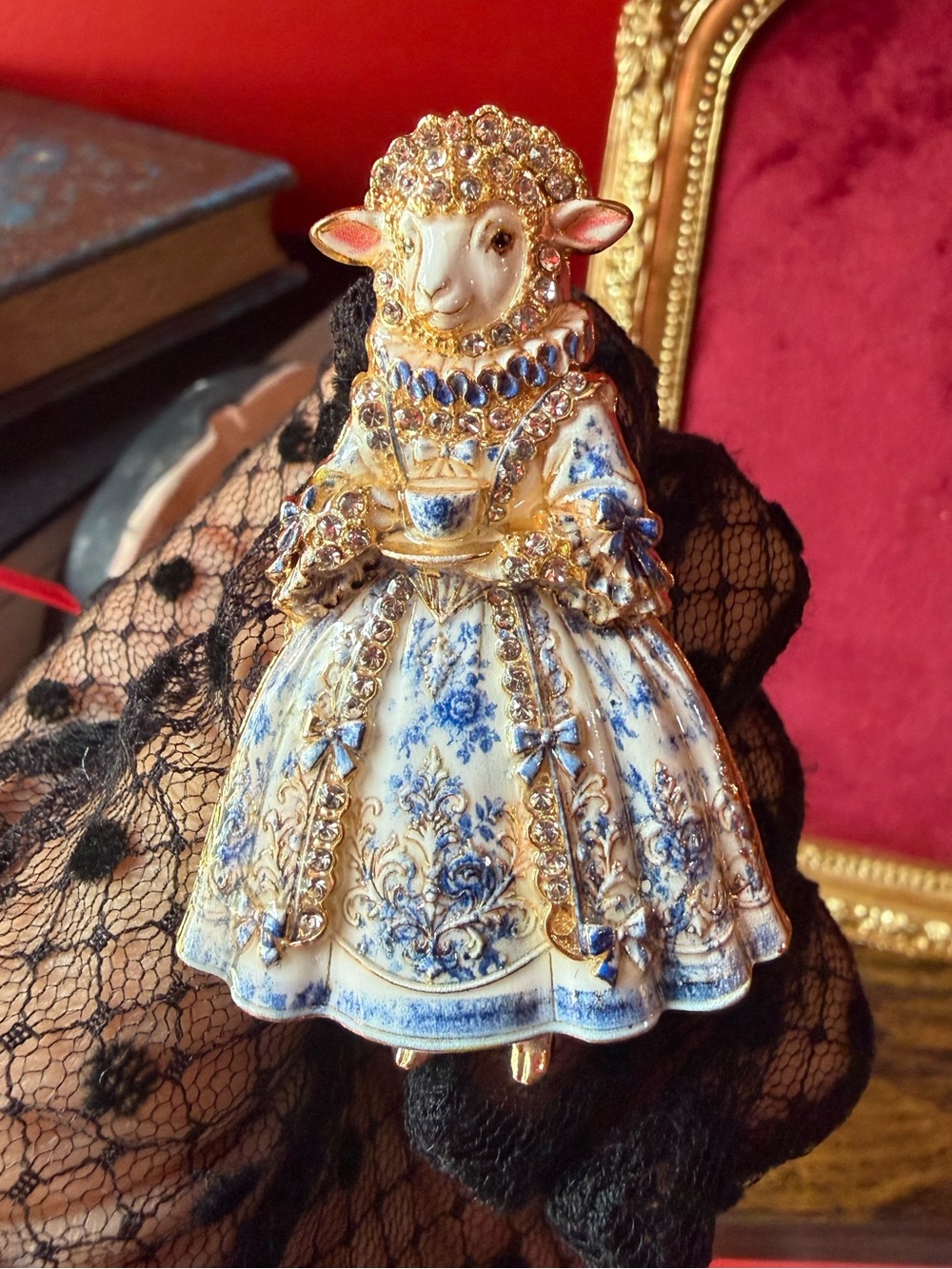 Victorian Blue Sheep Elegant Gold Brooch